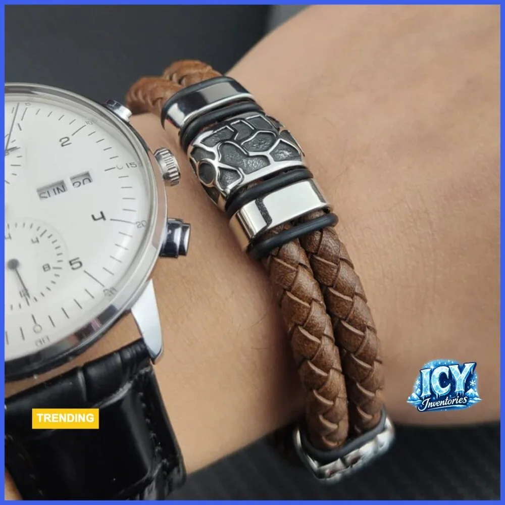 Leather Braided Bracelet with Stainless Steel Magnetic Clasp